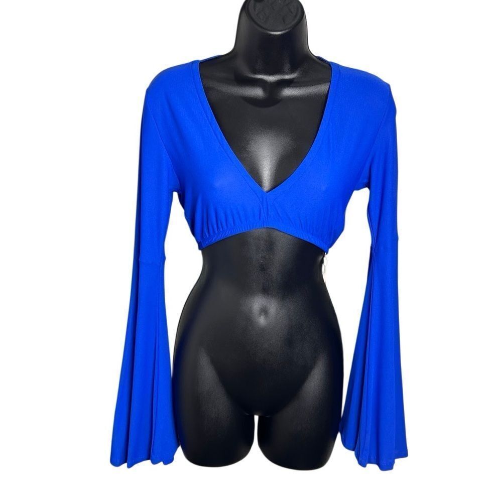 Luli Fama Cropped Bell Sleeve Top Handmade Blue Size XS
